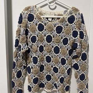 Express Handknitted Crochet Top in Blue and Cream